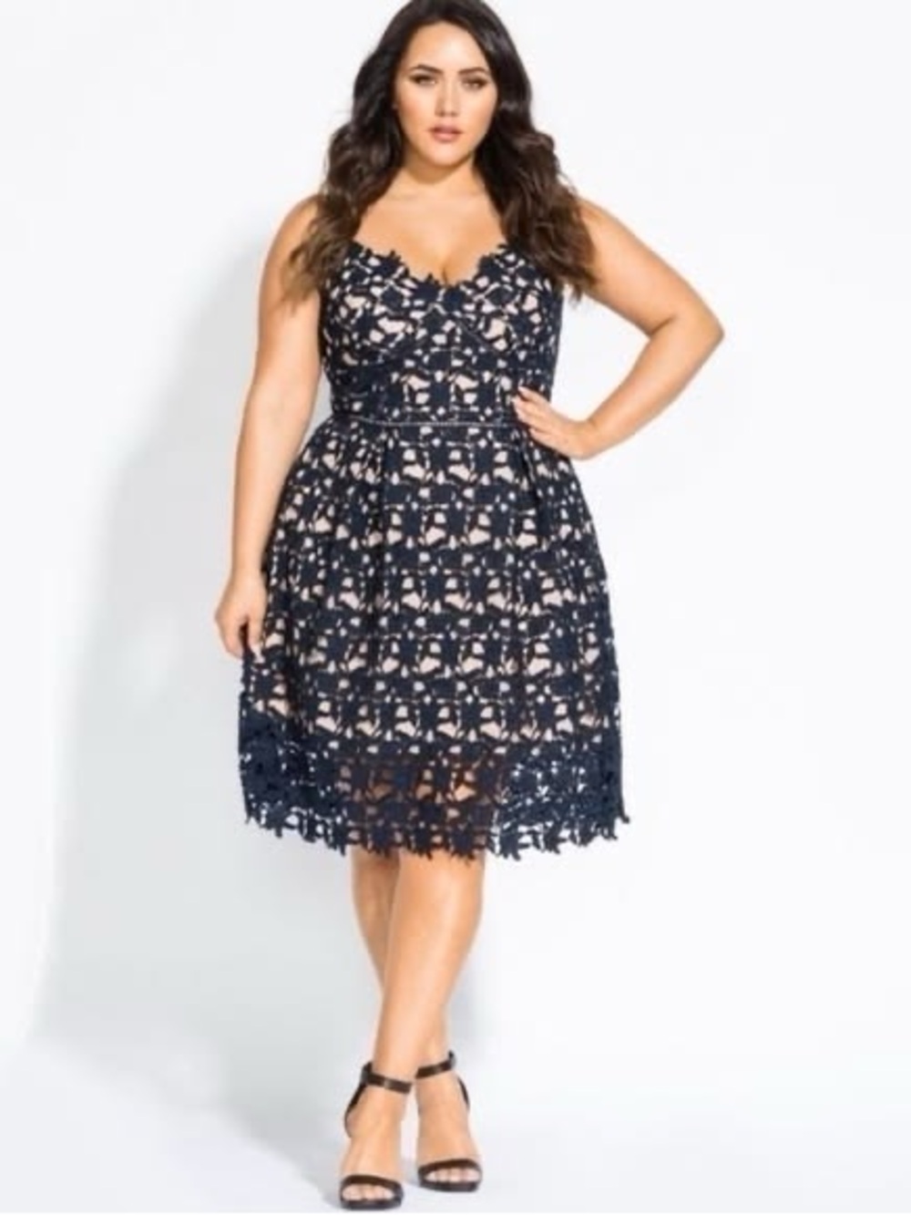 City Chic So Fancy Illusion Lace Midi Dress In Navy Blue Size 18